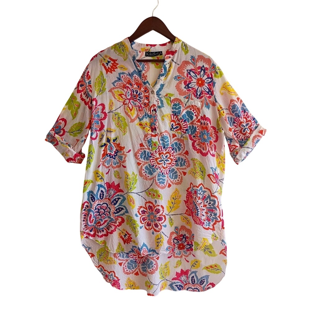 KikiSol Womens Large Floral Cotton Tunic Top Short Sleeve Button Tab Multicolor